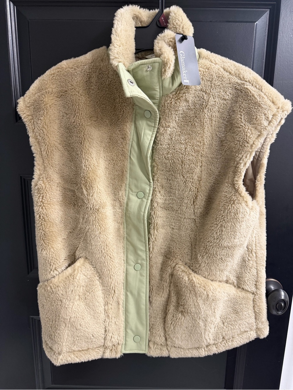 Glamaker Teddy Fleece Snap Front Oversized Vest Beige Size Small NWT